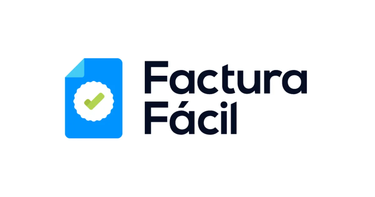 Logotipo de Factura Fácil: un documento azul con un sello circular blanco y un visto verde dentro, junto al nombre Factura Fácil escrito en dos líneas en azul muy oscuro