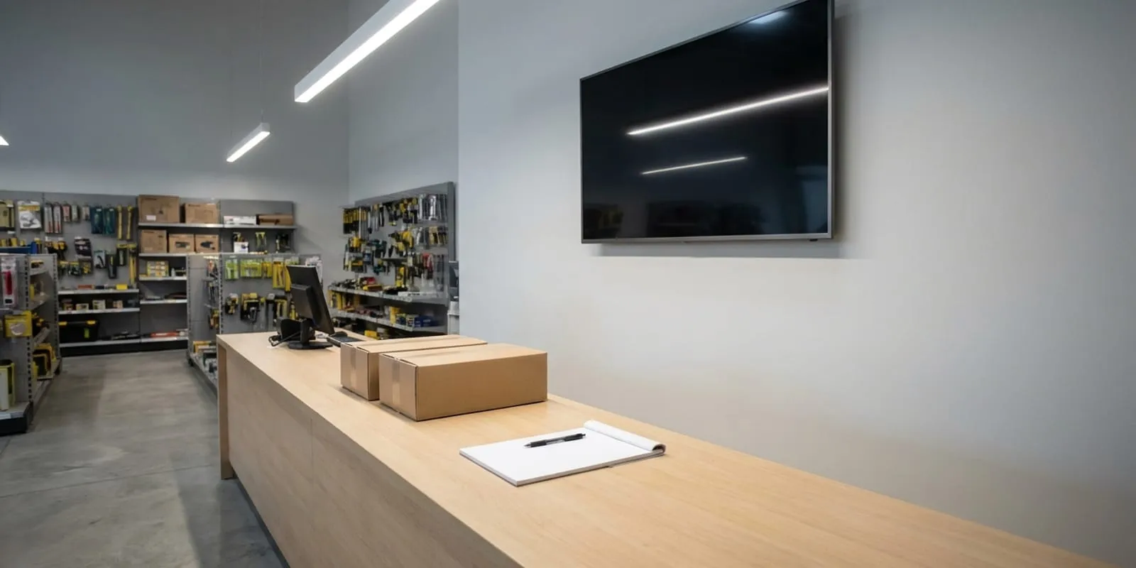 Mostrador largo y vacío de una ferretería moderna, con una pantalla plana apagada colgada en la pared que solo refleja las luces del techo; abajo, una libreta en blanco con un bolígrafo encima y dos cajas de mercancía