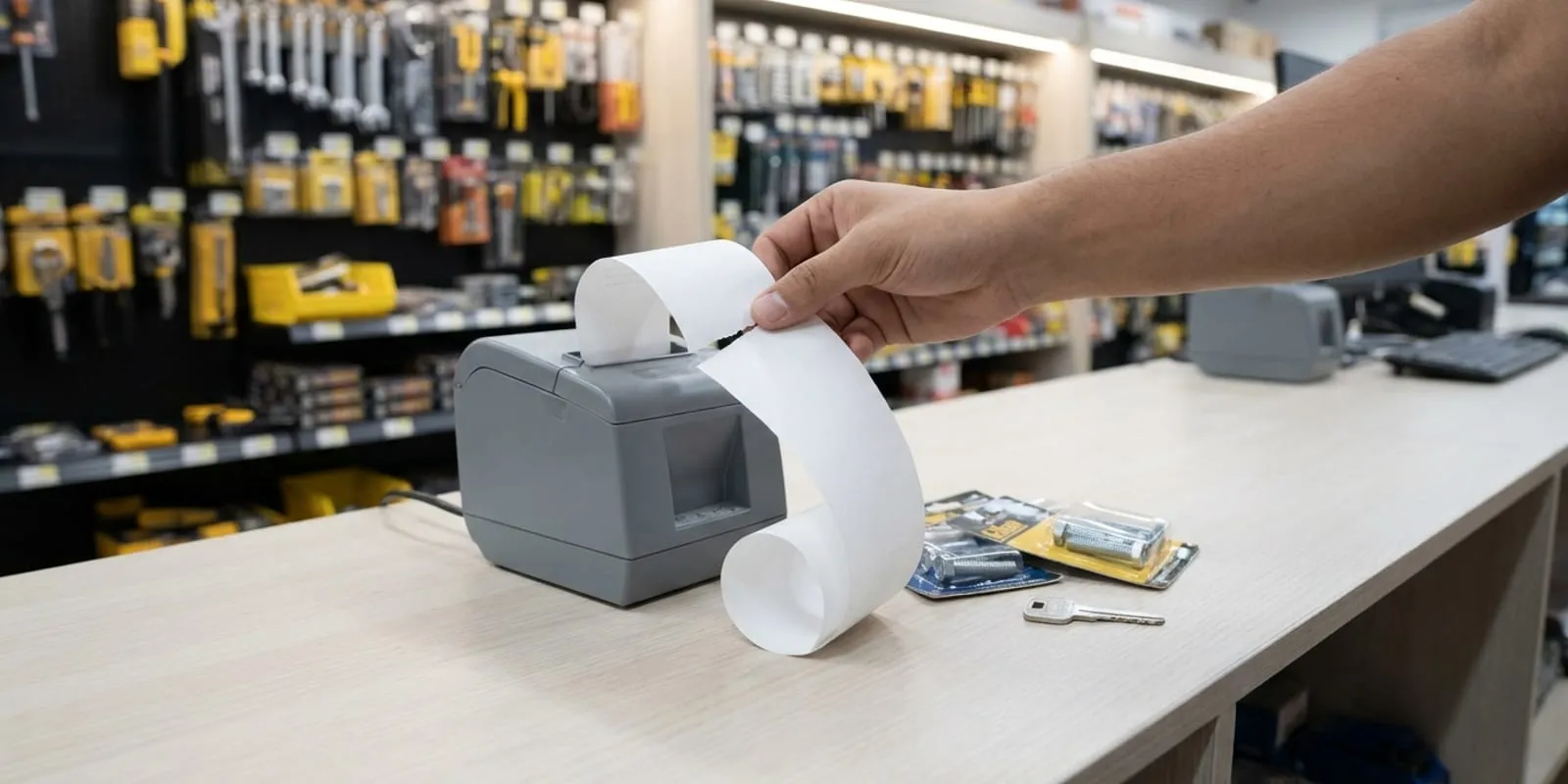 Mostrador de una ferretería bien iluminada. Una mano arranca la tira de papel que sale de una impresora térmica de recibos; sobre la superficie quedan dos paquetes de tornillos y una llave sin cortar, y al fondo los estantes de herramientas desenfocados