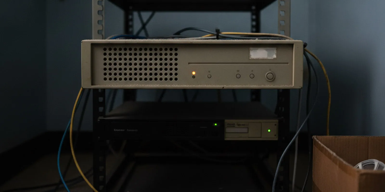Servidor de rack antiguo, de carcasa beige ya amarillenta, montado en un bastidor a medio llenar dentro de un cuarto pequeño. Tiene polvo encima, cables de red sueltos colgando por los lados y una caja de cartón en el suelo al lado