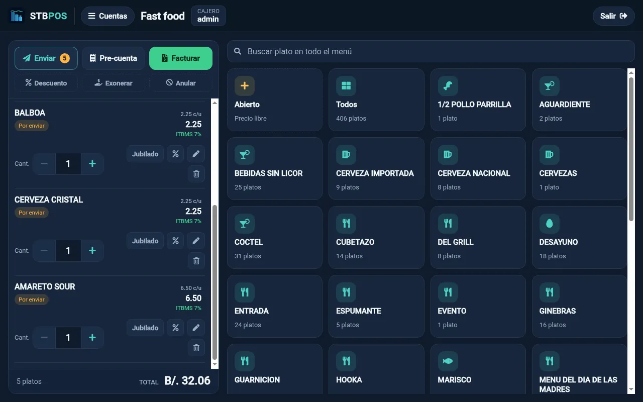 Pantalla de venta rápida de STBPOS. A la izquierda, la cuenta en curso con cinco platos, cada uno con su precio, la nota ITBMS 7% y botones para jubilado, descuento y eliminar; abajo el total B/. 32.06. Arriba, los botones enviar, pre-cuenta y facturar. A la derecha, el menú por departamentos, con bebidas sin licor, cervezas, coctel, del grill y desayuno, cada uno indicando cuántos platos contiene